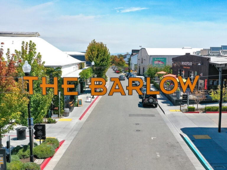 drone shot of the barlow sign in sebastopol sonoma county