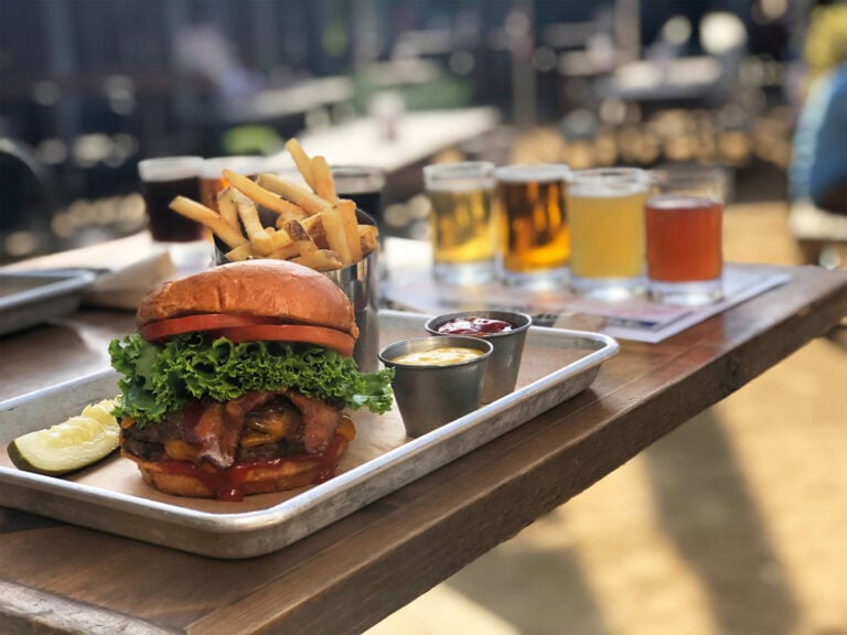 burger and fries with a beer tasting at Lagunitas brewing company on petaluma