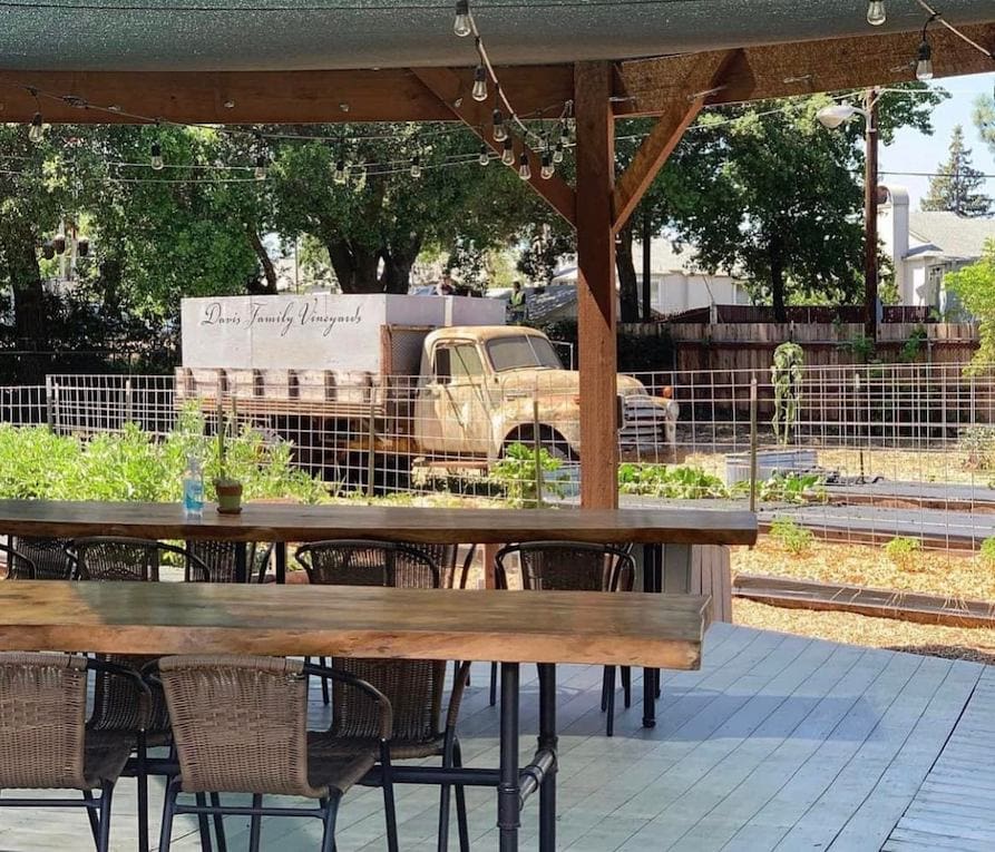 Garden-side deck at Davis Family Vineyards 