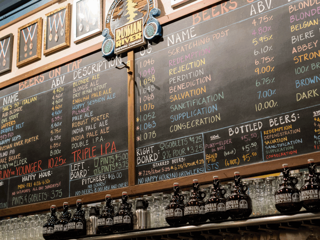 chalkboard where russian river brewery writes down all their beers that they serve on the beer board in sonoma county