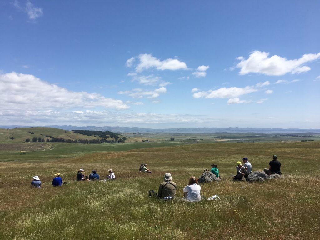 group of people in a field at tolay park bird watching in petaluma