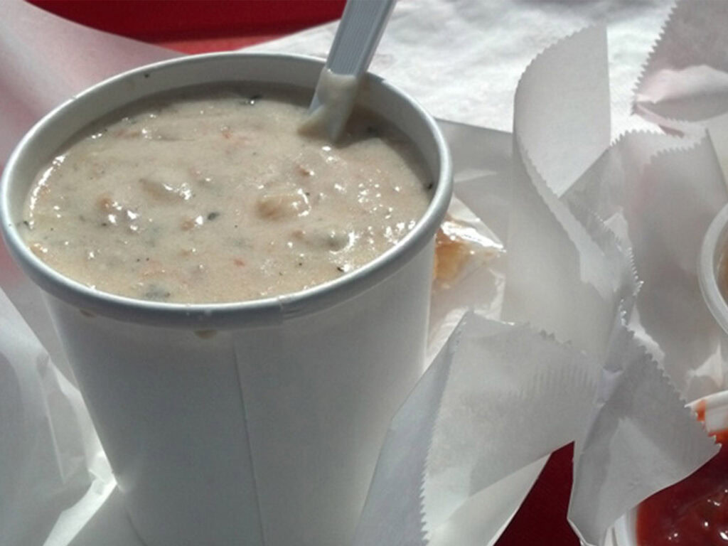cup of clam chowder from spud point in bodega bay