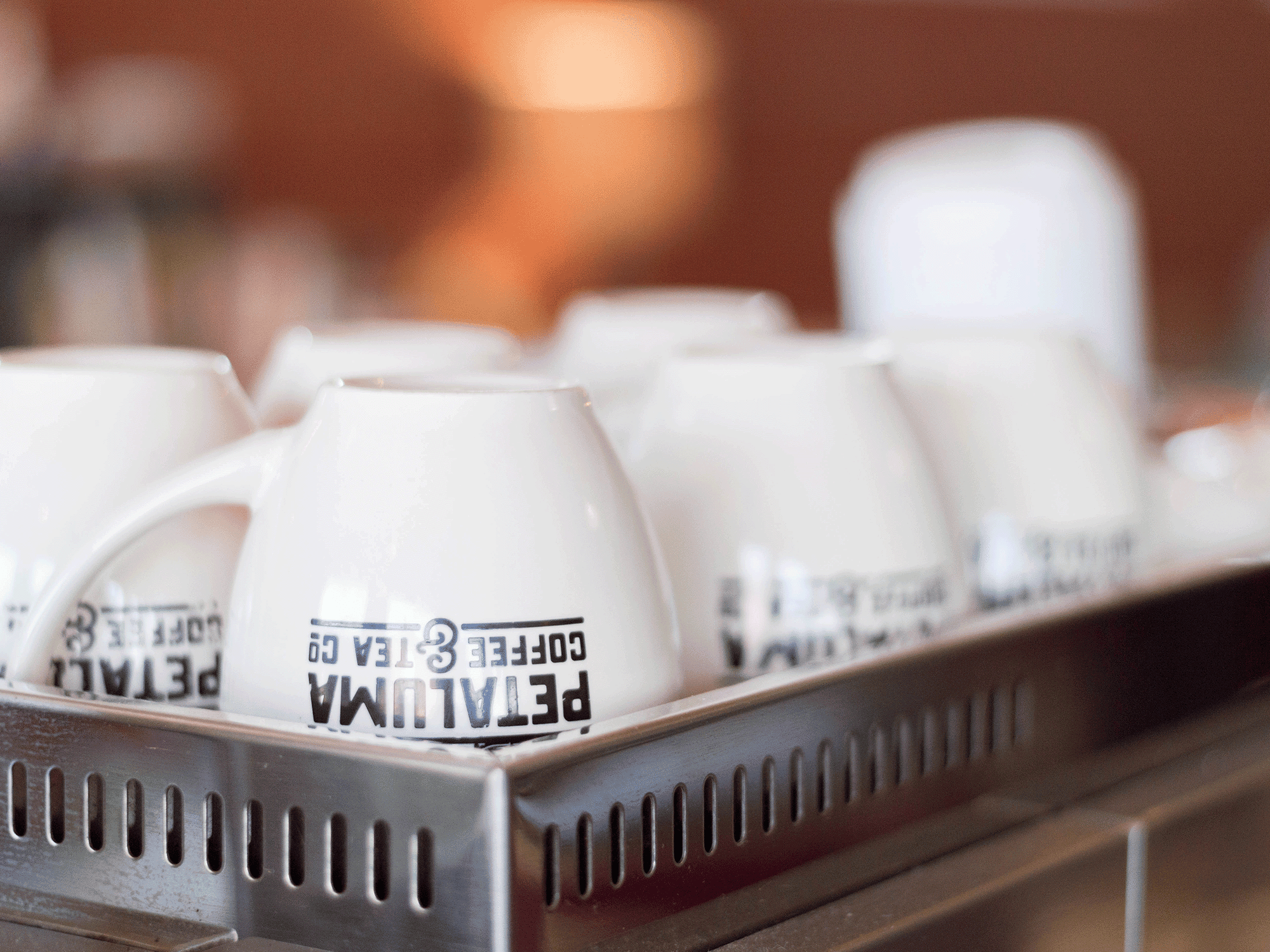 stack of coffee mugs from petaluma coffee and tea company in sonoma county
