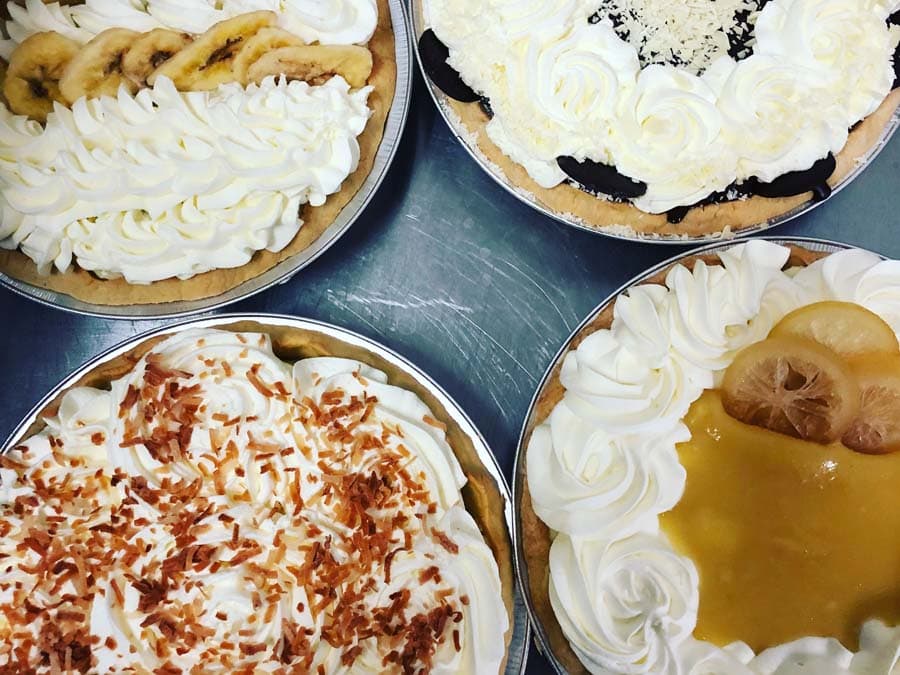 Pies on display in the bakery