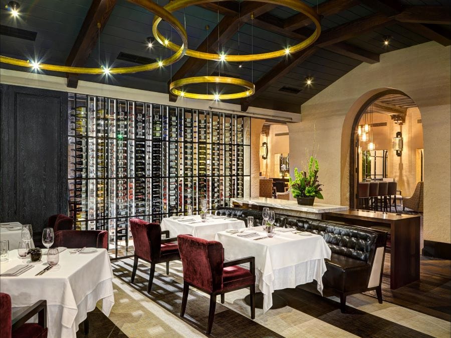 A dining room with a stylish, modern interior