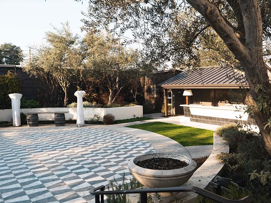 checkered tiled floor on patio