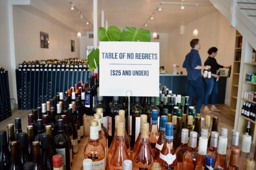 The “Table of No Regrets" at Avinage in Petaluma features dozens of under-the-radar wines priced at $25 or less—Photo by Tina Caputo