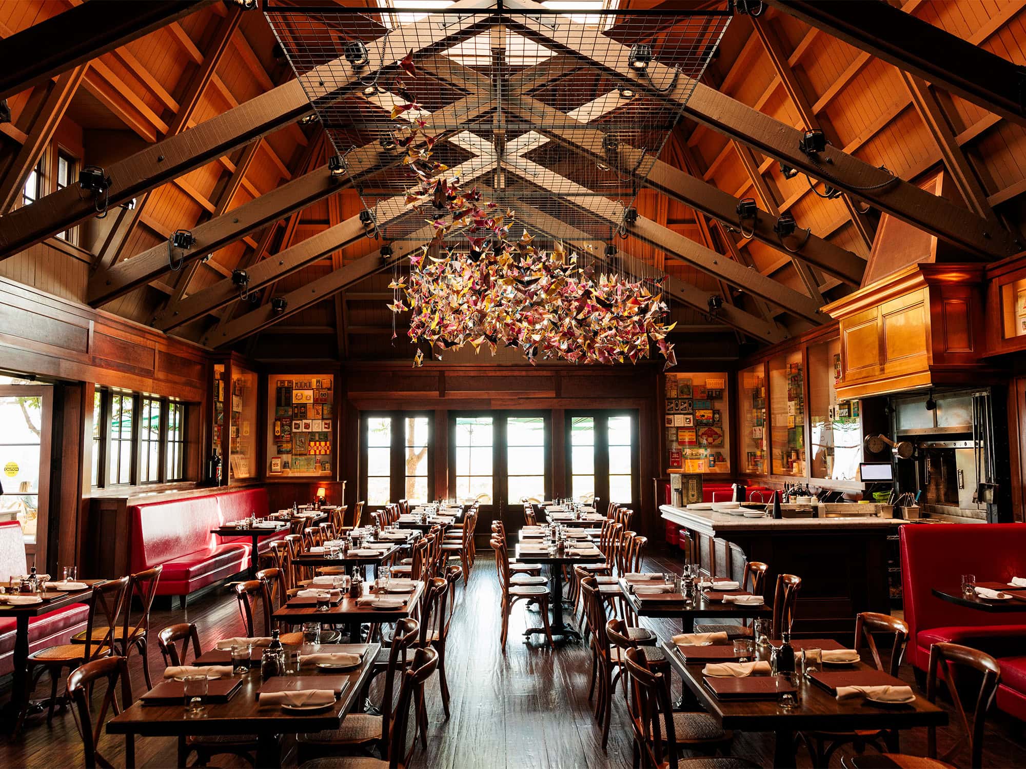 Soaring, wood-paneled dining room at Rustic at Francis Ford Coppola Winery 