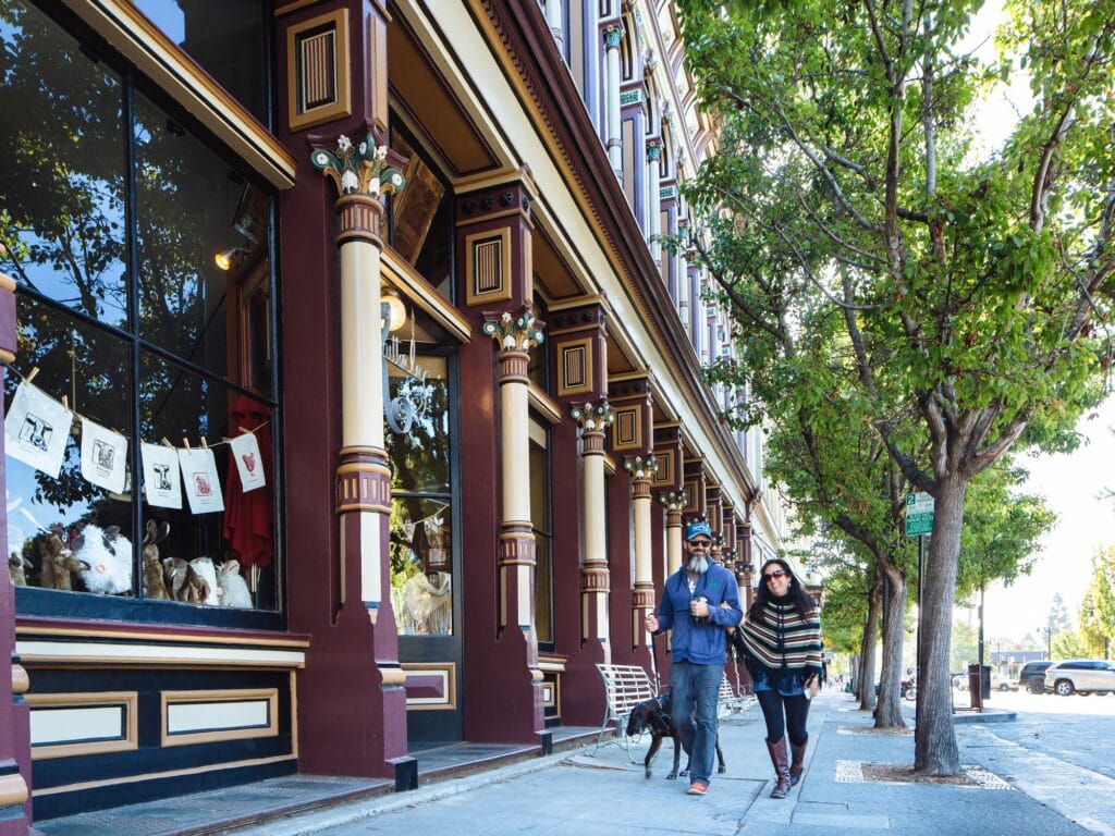 people walking a dog in downtown petaluma ca