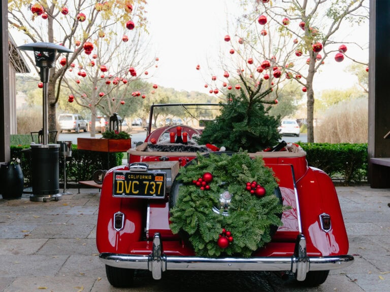 red car decorated for the holidays at rams gate winery in sonoma ca
