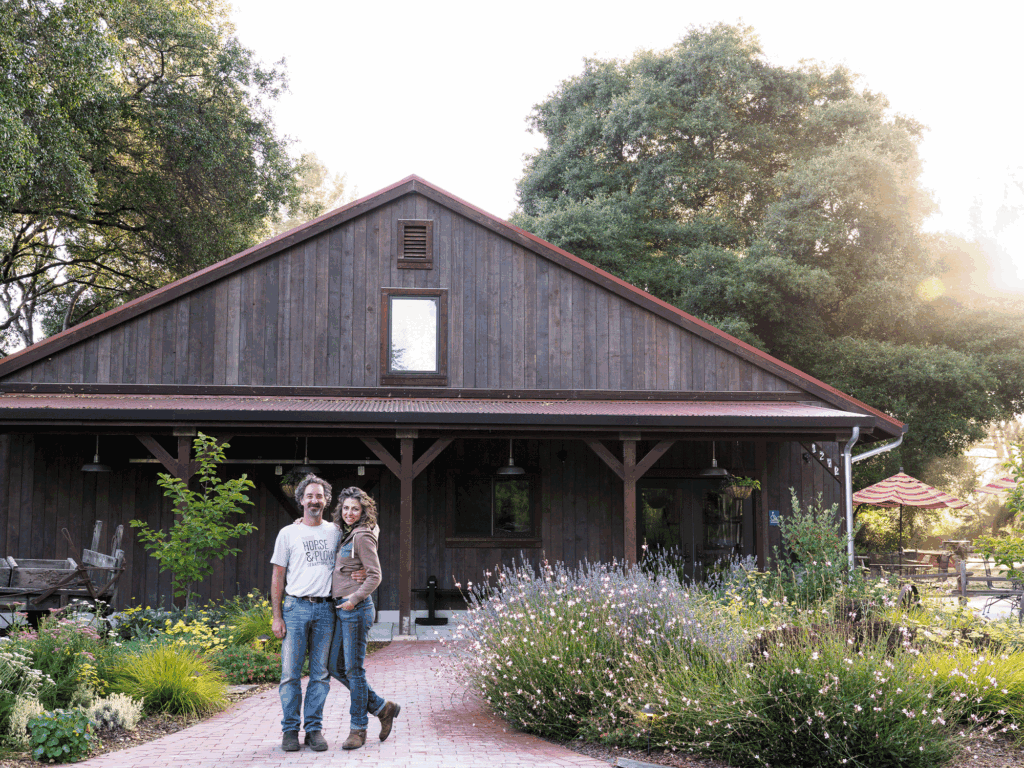 owners of horse and plow winery standing outside the tasting room in sebastopol sonoma county