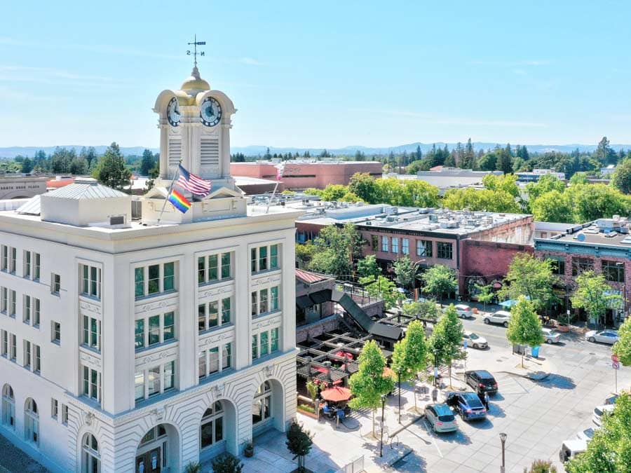 The historic hotel as seen from above