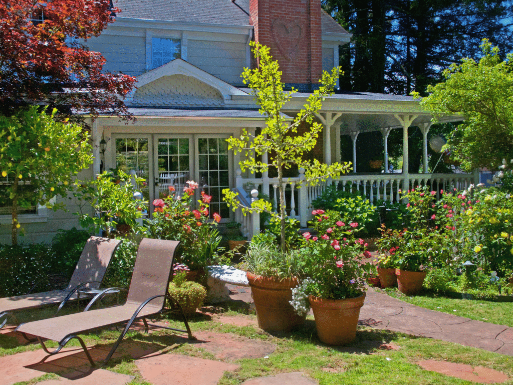 outside seating in the garden at the inn at occidental