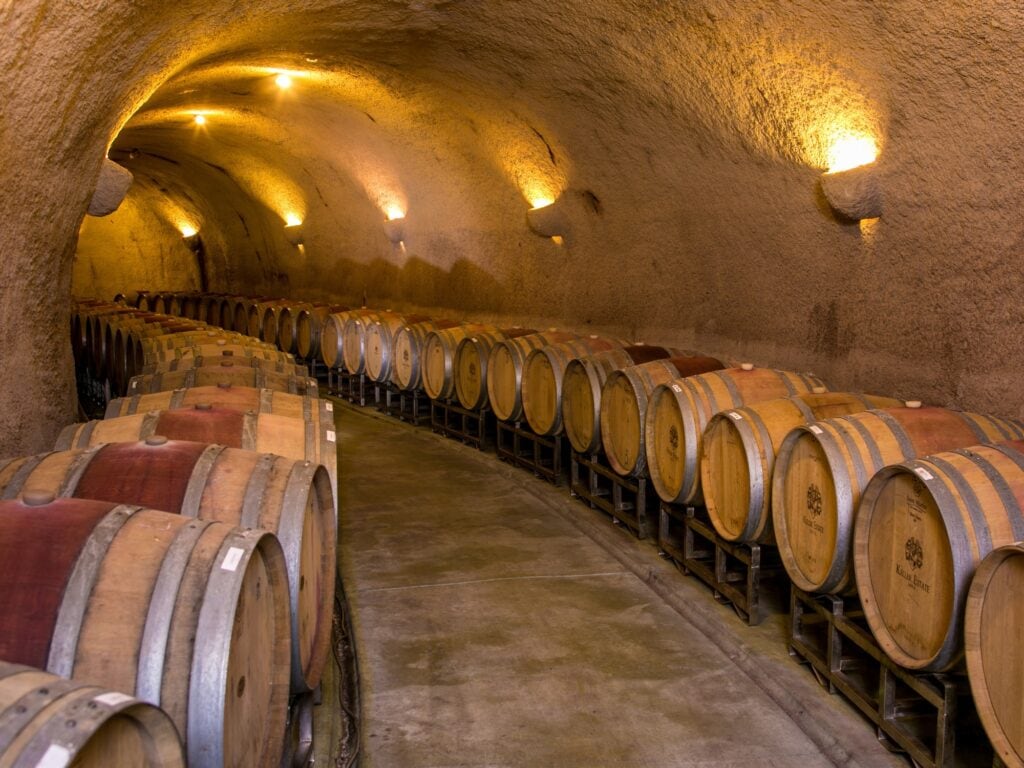 cave full of barrels at keller estate winery in sonoma county