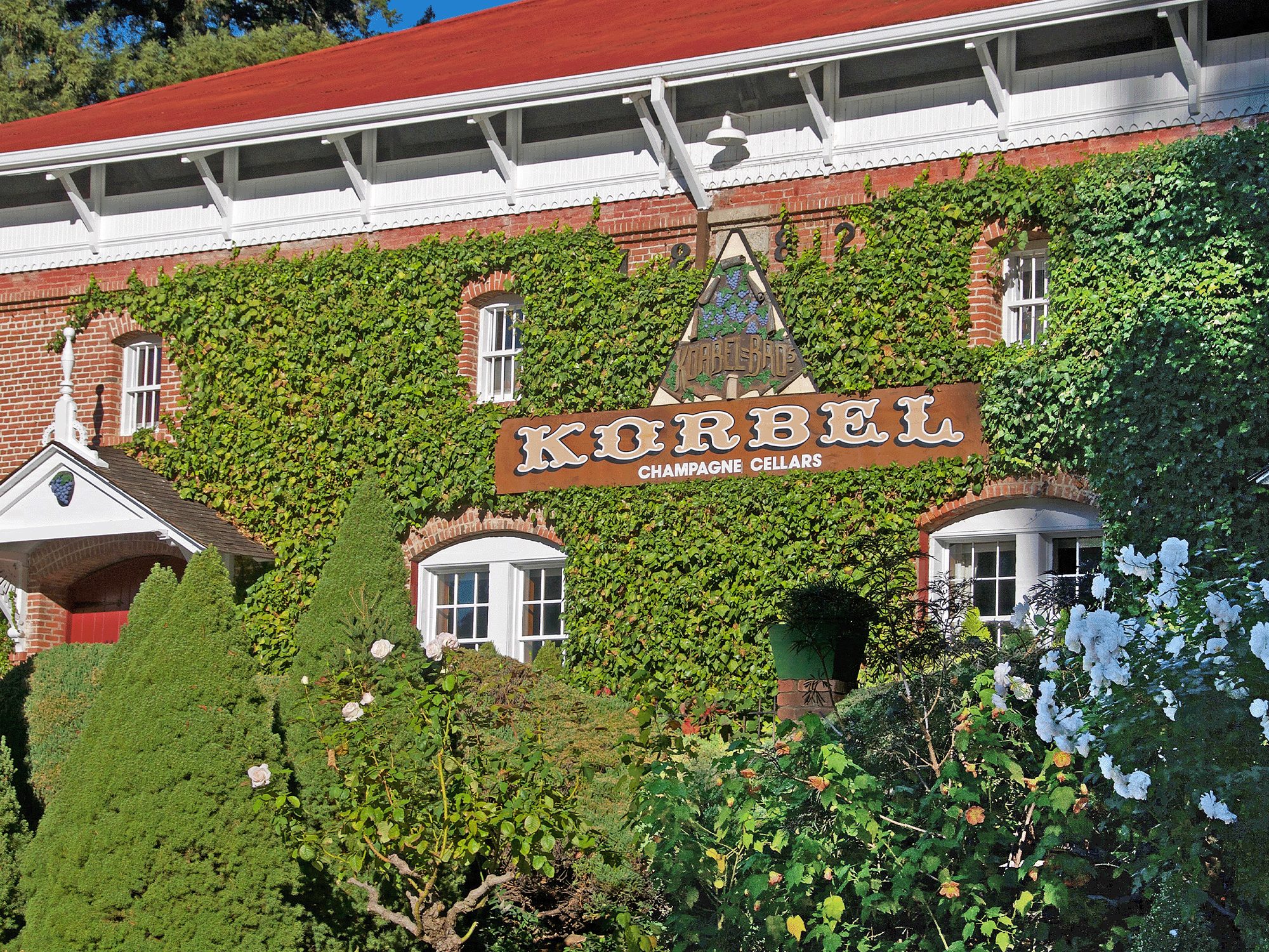 Exterior of Korbel has ivy growing on it in Sonoma County