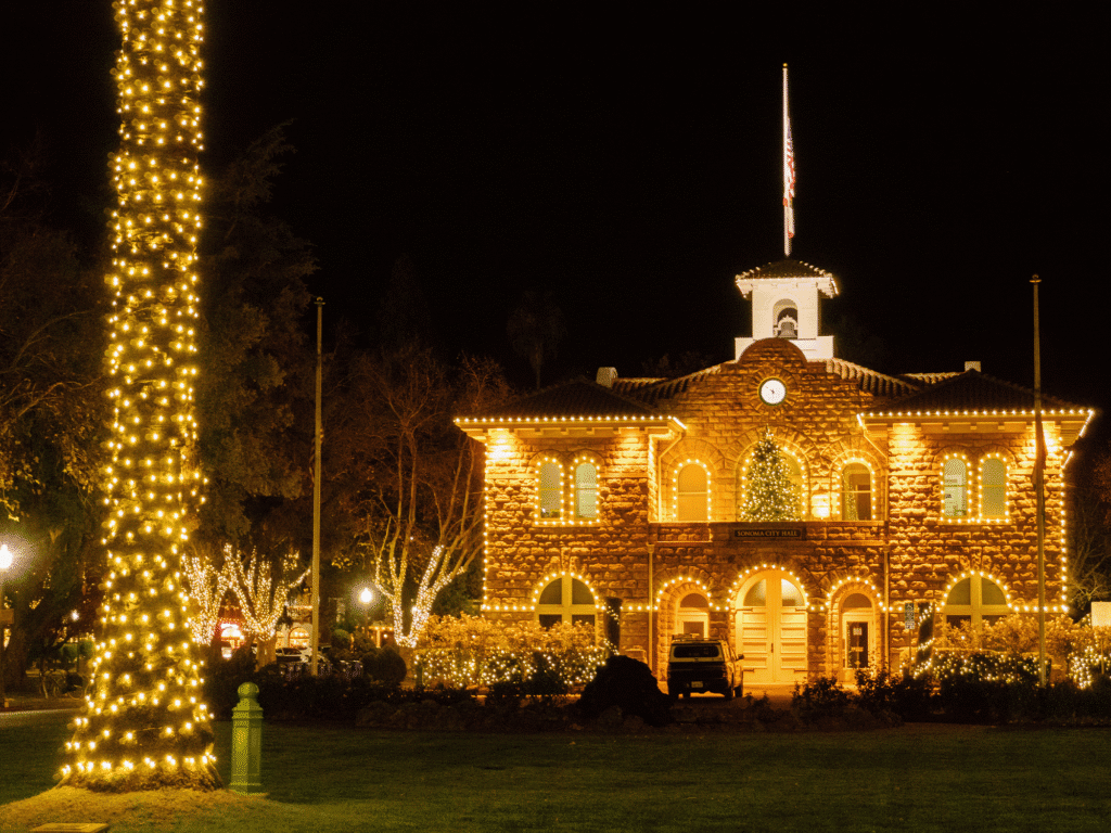 City Hall and the palm tree in front are decorated with lights in Sonoma