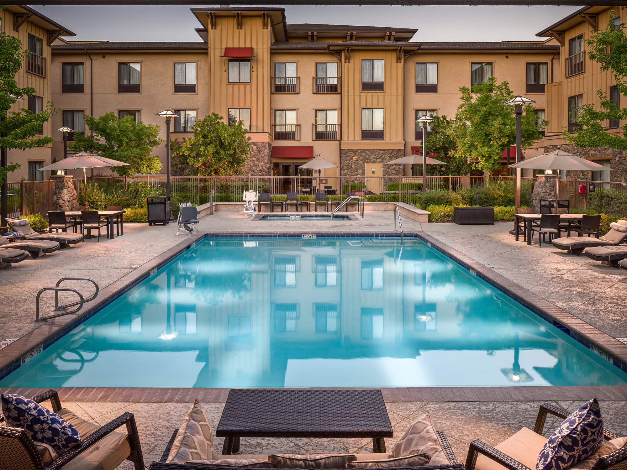 The courtyard with a pool is rady for visitors in Sonoma County