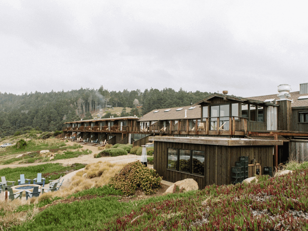 outside view of timber cover resort in jenner along the sonoma coast line
