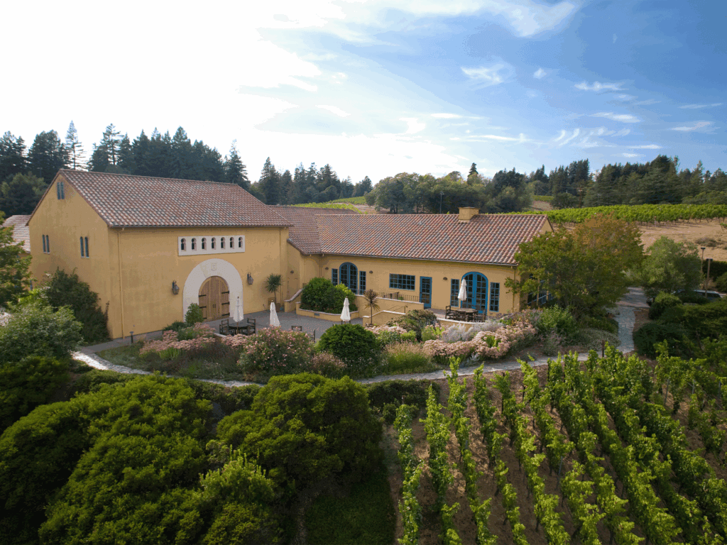 outside view of the vineyards and tasting room at marimar estate in sebastopol