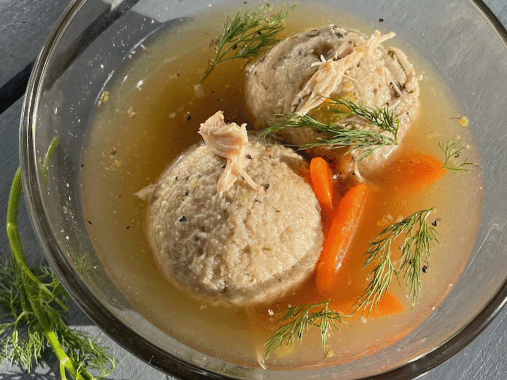 bowl of matzoh ball soup at healdsburg bagel company in sonoma county