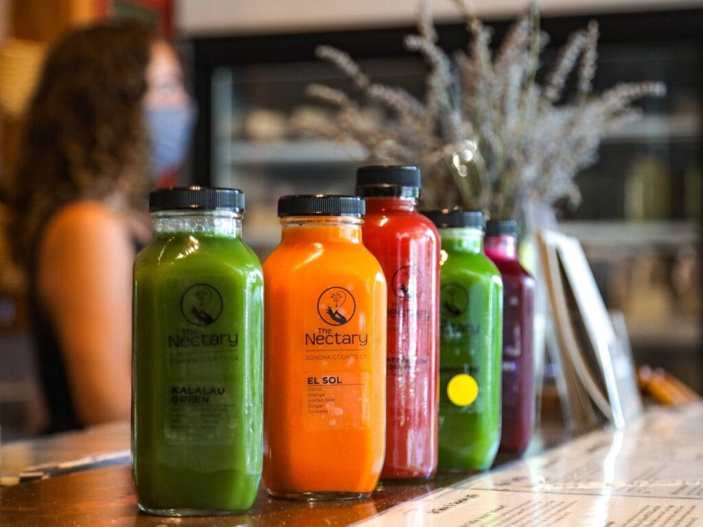 line up of all the fresh juices from the nectary in sebastopol