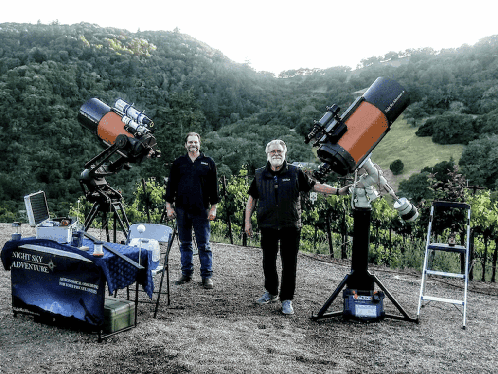 the gordon brothers with a telescope to stargaze in sonoma county