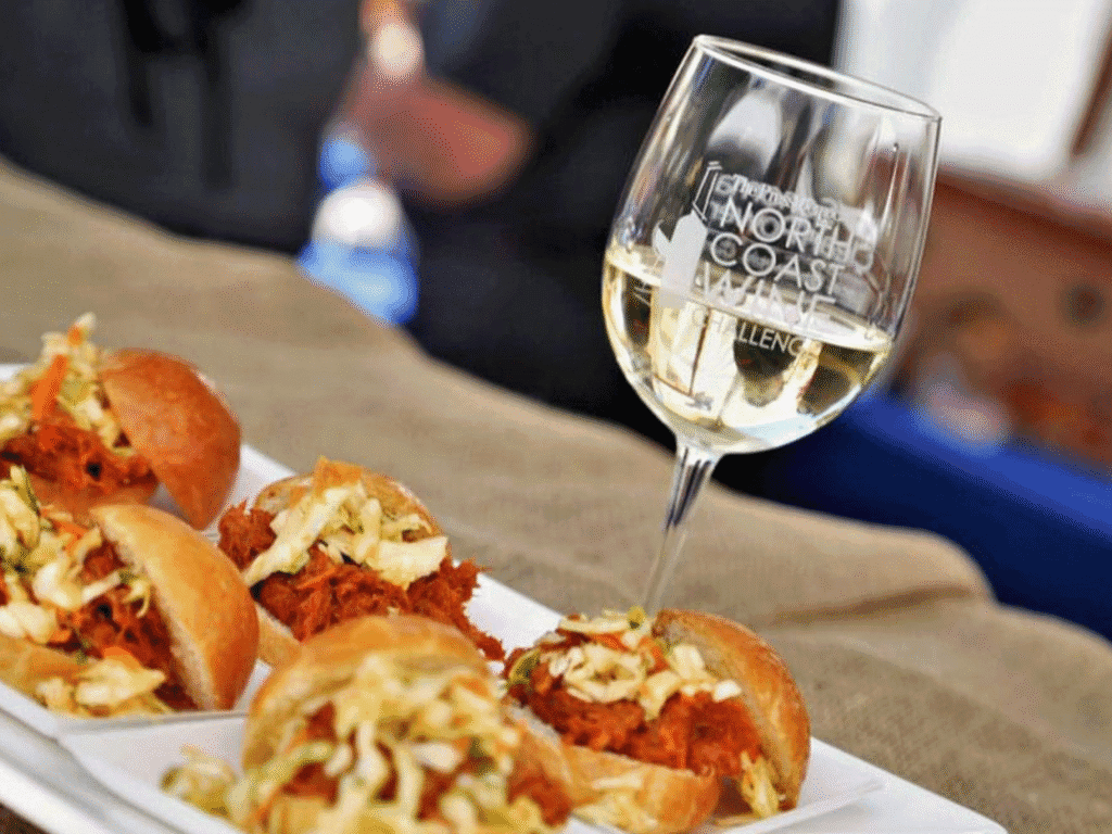 food sliders and a glass of white wine at the north coast wine and food festival in sonoma county