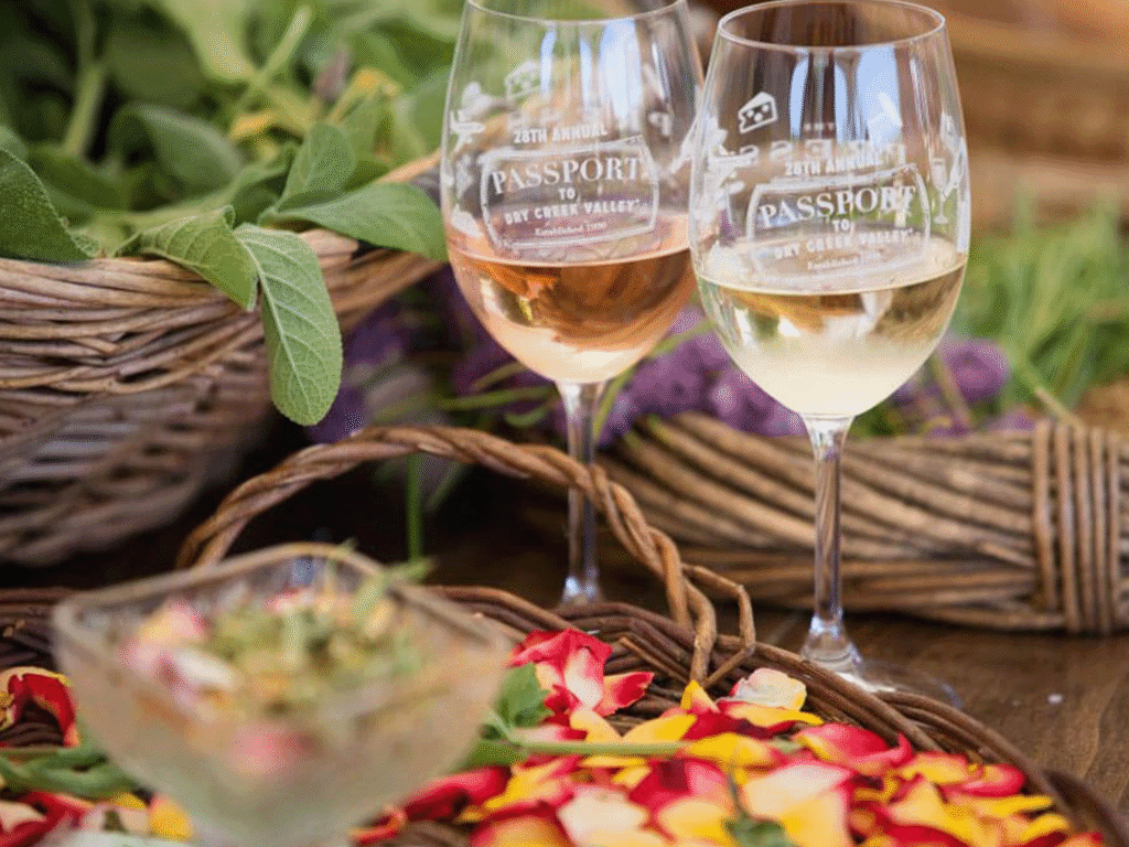 2 glasses of wine sitting on a table with flower pedals at quivira vineyards in healdsburg