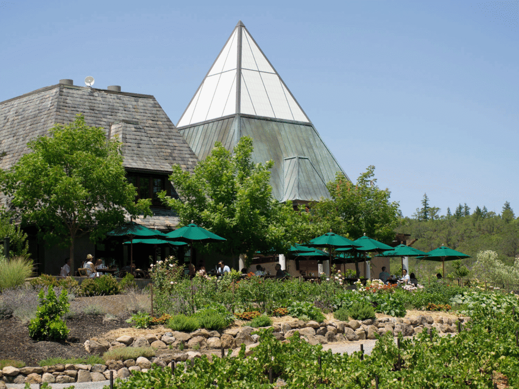 visitors wine tasting on the patio at francis ford coppola winery in sonoma county