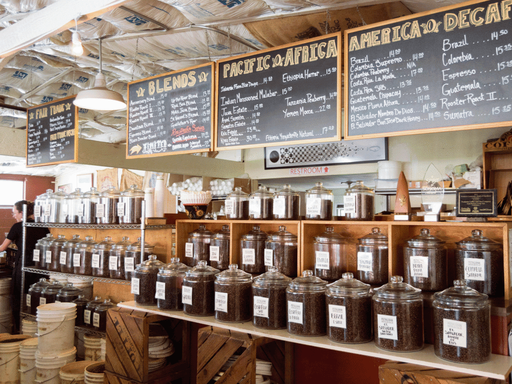 tons of coffee bean choices in jars at petaluma coffee and tea in sonoma county
