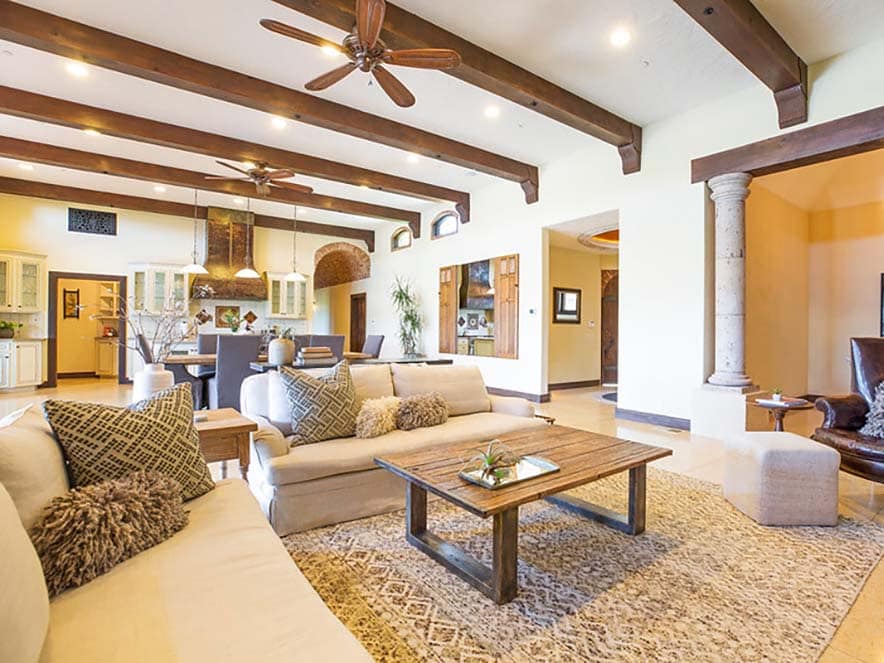 interior of reeve wines villa showing living area and kitchen