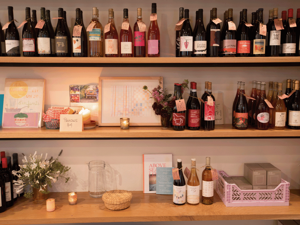 shelf full of wine and goods at valley bottle and bar in sonoma