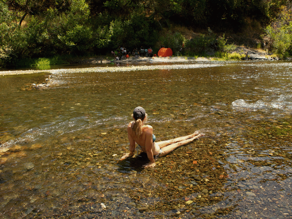 visitor relaxing in the russian river at del rio regional park in sonoma county