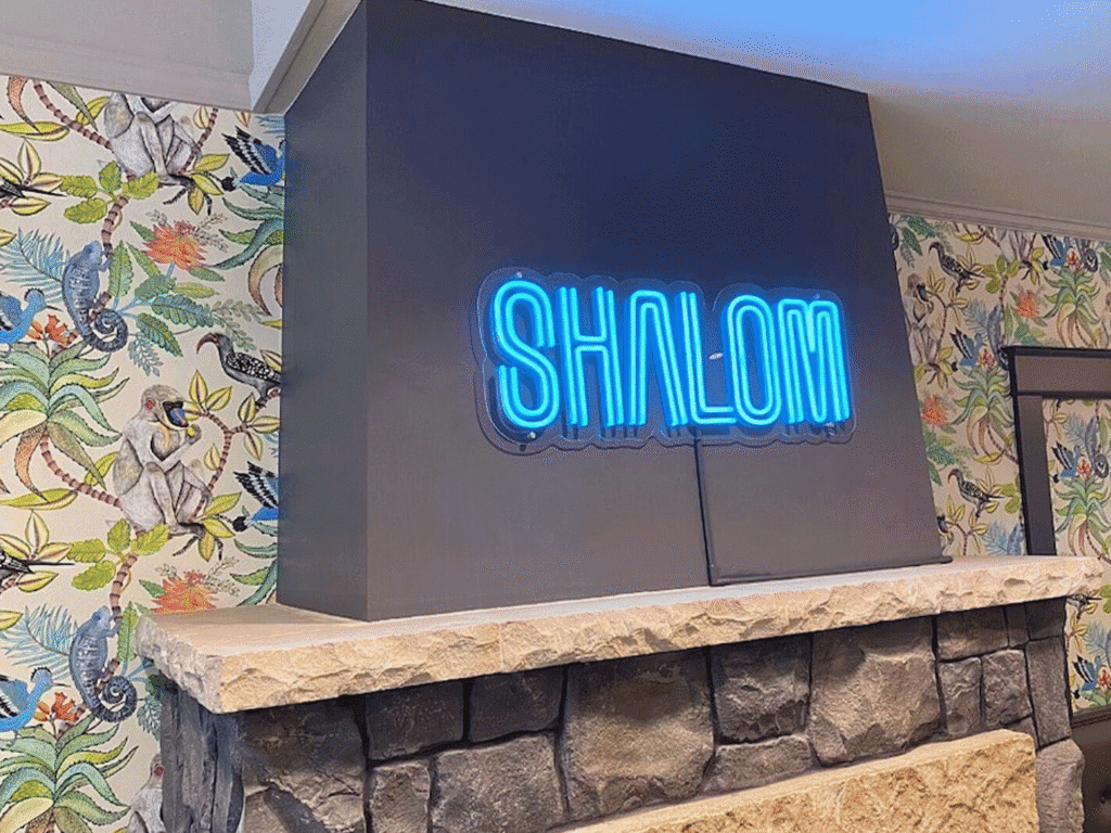 shalom neon sign at grossmans noshery restaurant in sonoma county