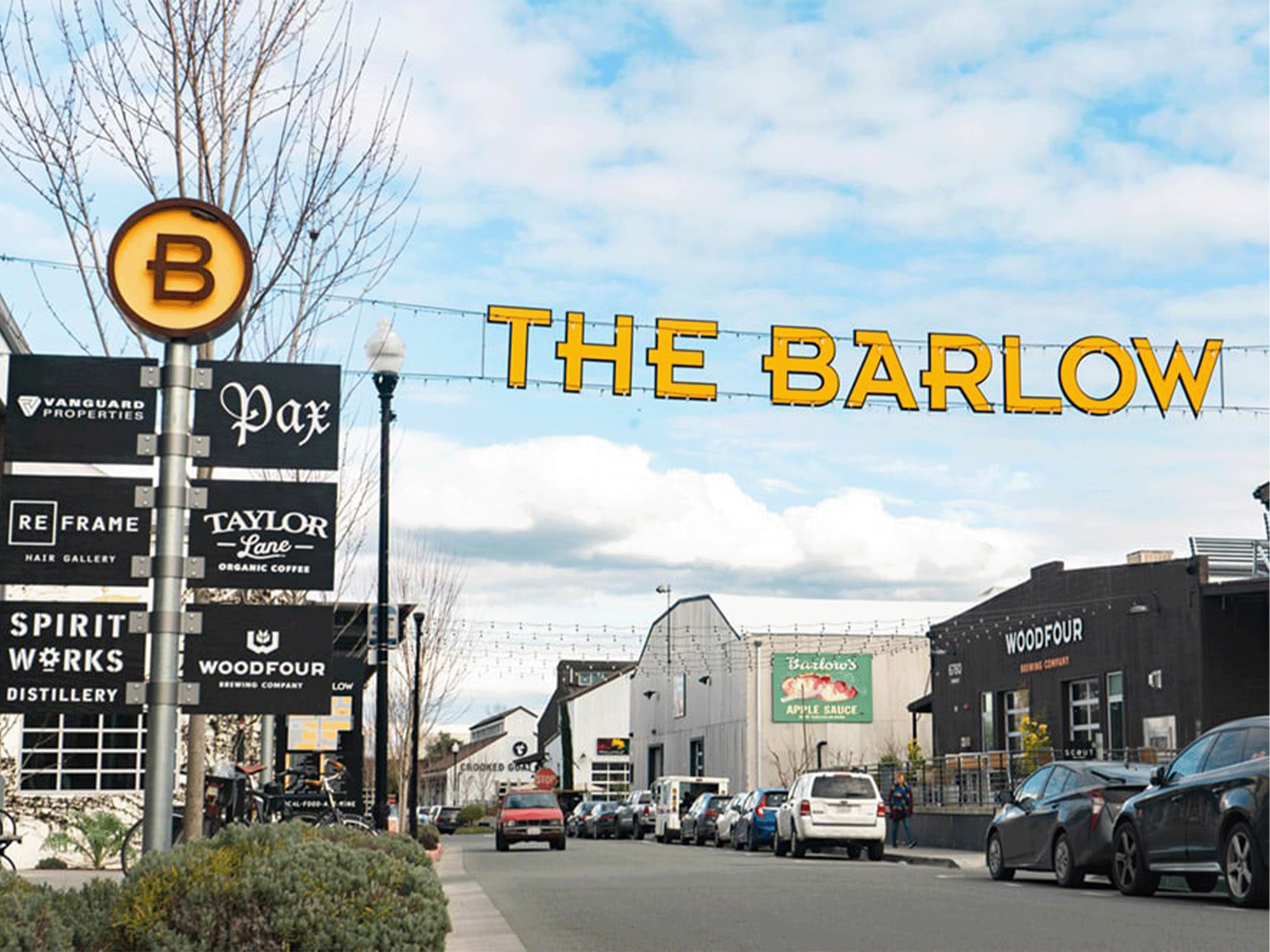 Signs for stores at the shopping center hang over the street in Sonoma County