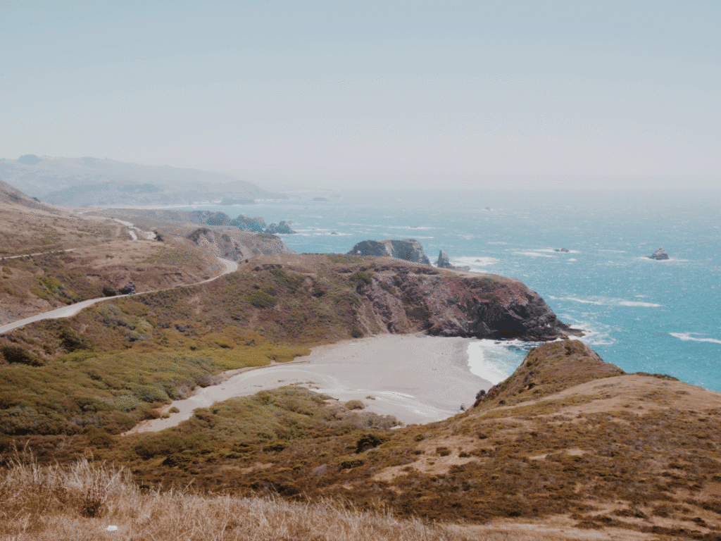 beautiful sonoma coast line with a sandy beach at stillwater cove regional park in jenner