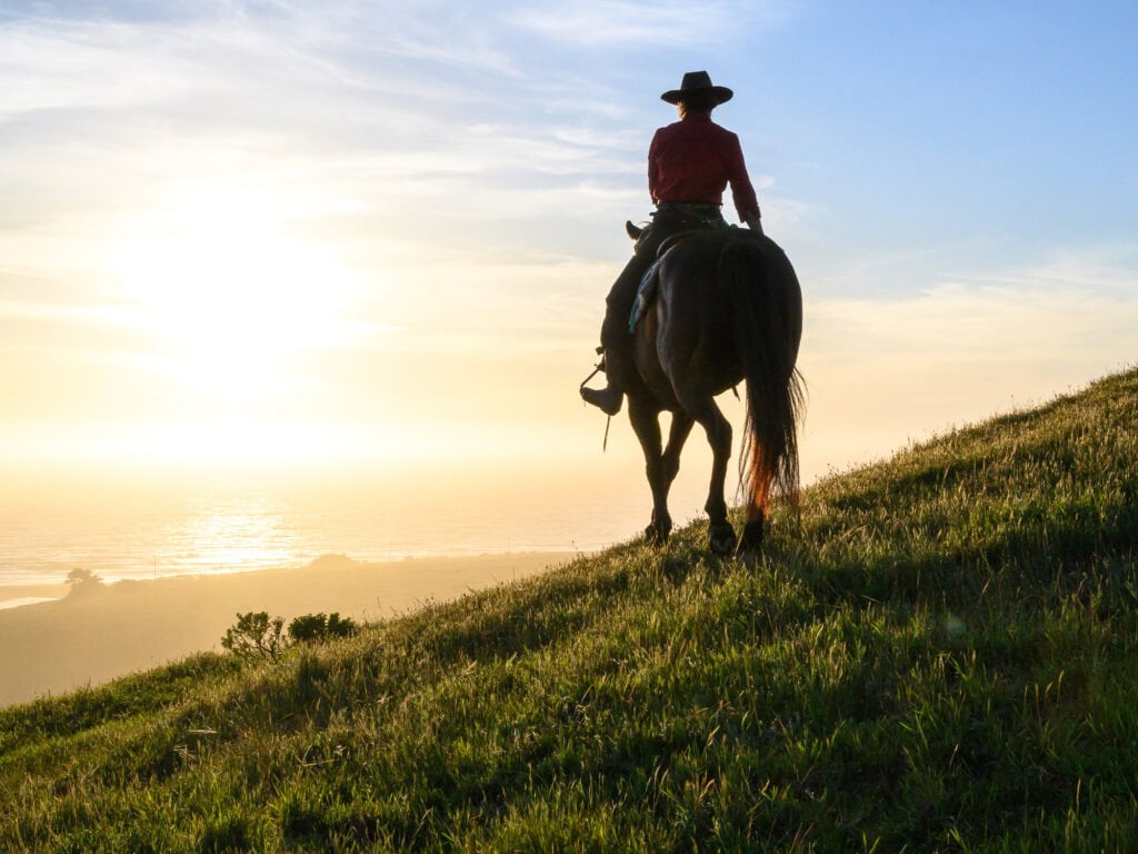 person horseback riding in the sunset at the sonoma county coast