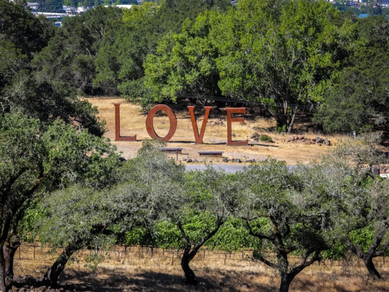 metal structure spelling out love at paradise ridge winery in santa rosa