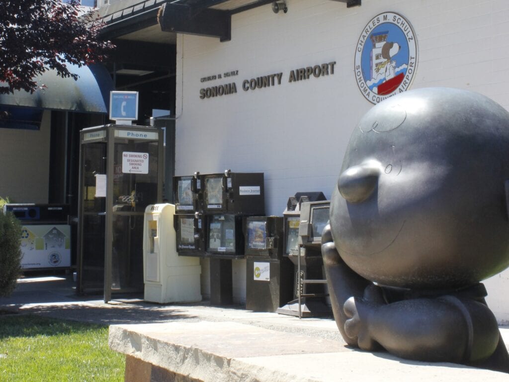 peanuts statue outside the sonoma county airport in santa rosa