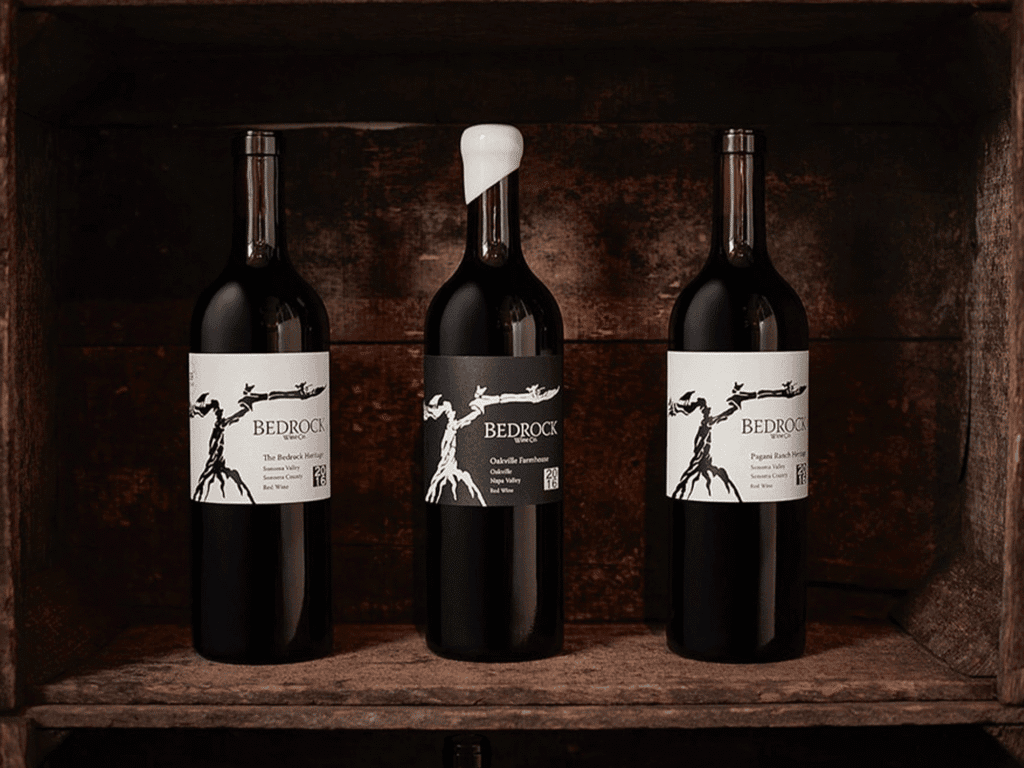 3 wine bottles lined up from bedrock wines in sonoma