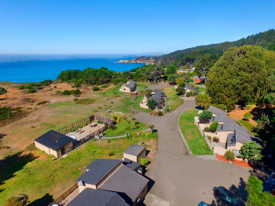 Fort Ross Lodge from above on a blue day, Jenner