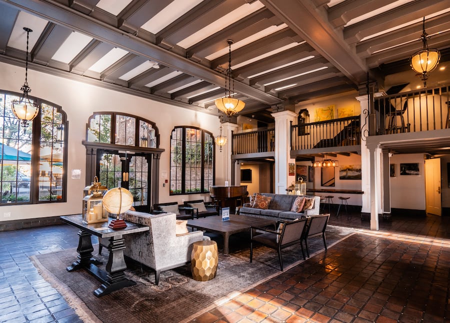 Wood beams and clay tiled floors in the Hotel Petaluma lobby