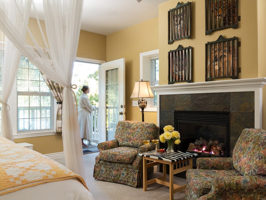 A person looks out from the balcony in a lavish room