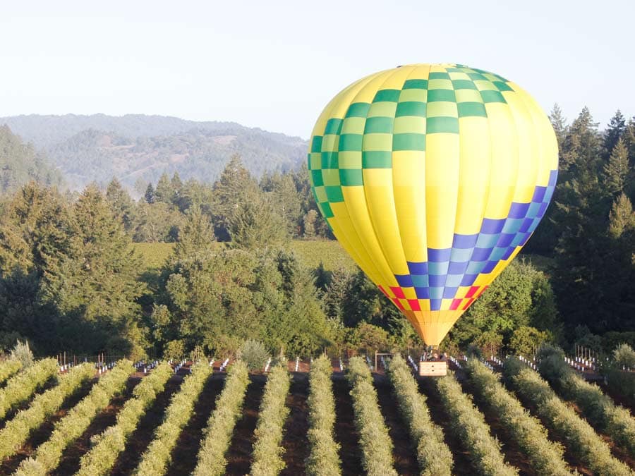 A balloon from Wine Country Balloons soars over Sonoma County vineyards