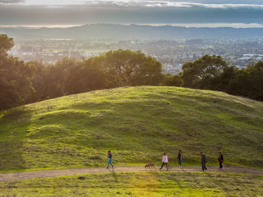 People walk along a green hill with the view of Santa Rosa in the background