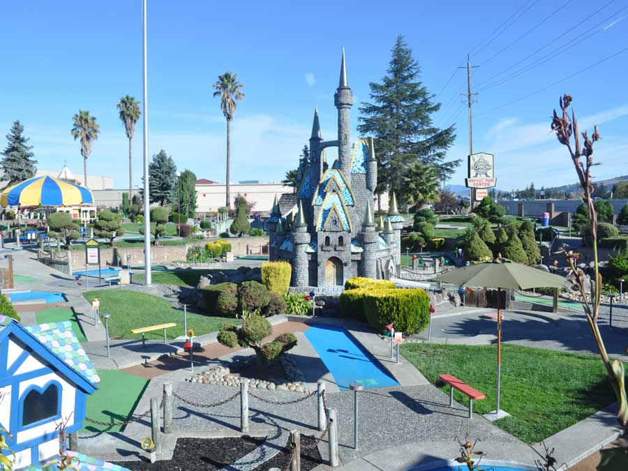 The fairy tale castle is the center piece of the mini golf course