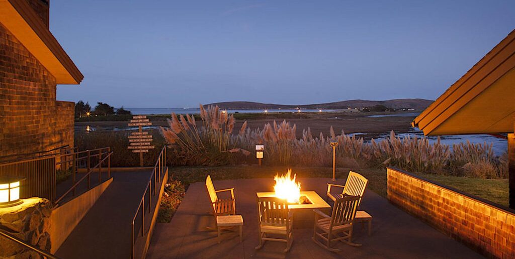 Fire pits create a cozy environment outside Drakes Restaurant in Bodega Bay.