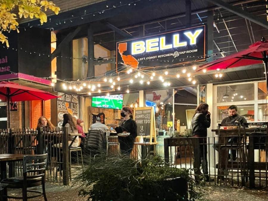 Exterior at night of Belly Left Coast Kitchen and Taproom in downtown Santa Rosa 