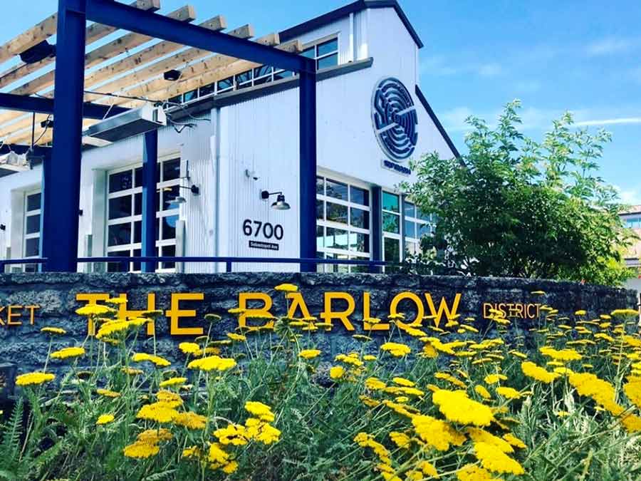 The exterior of the tasting room is surrounded by yellow flowers