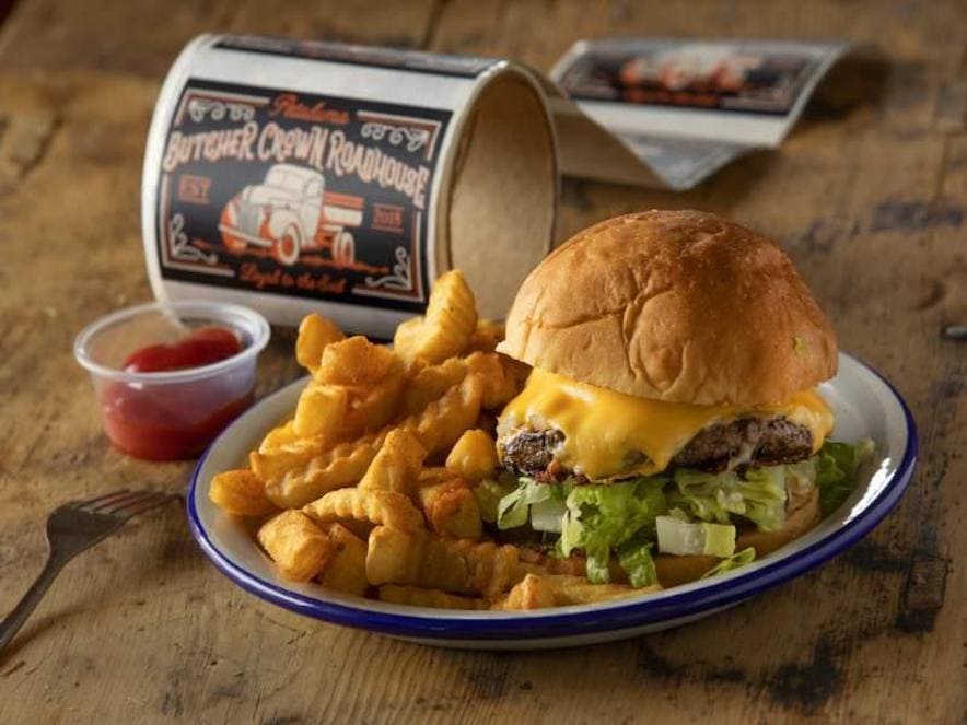 Burger and crinkle fries from Butcher Crown Roadhouse